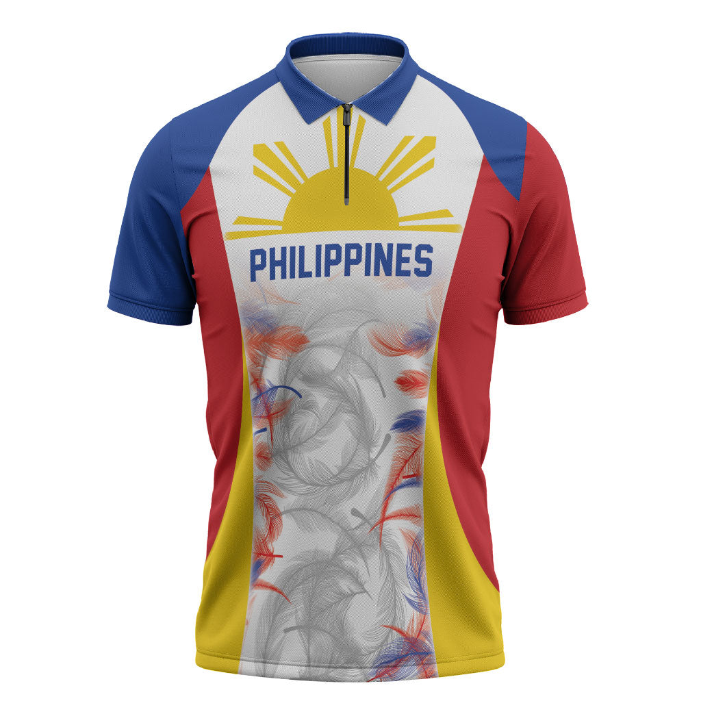 Philippines Flag Day Zipper Polo Shirt Filipino Feather Pattern LT9 White - Polynesian Pride