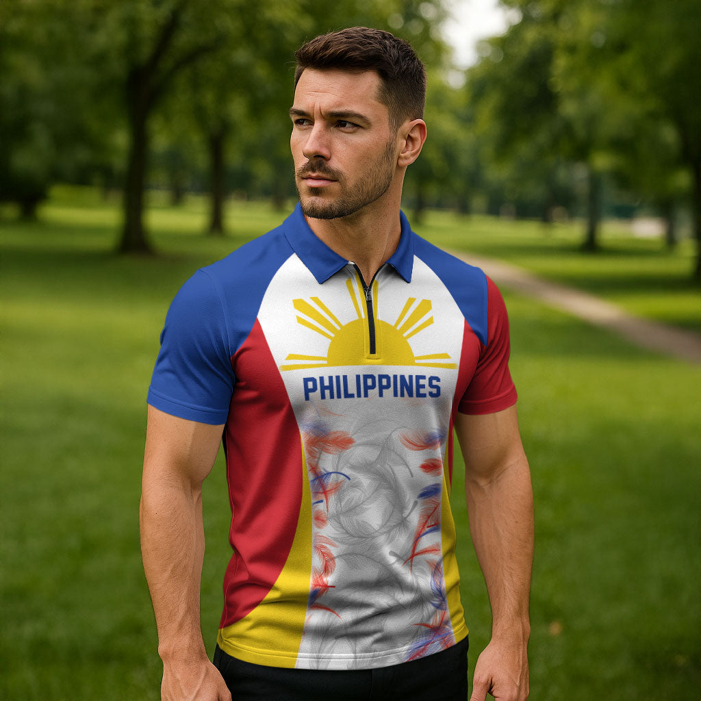 Philippines Flag Day Zipper Polo Shirt Filipino Feather Pattern LT9 - Polynesian Pride