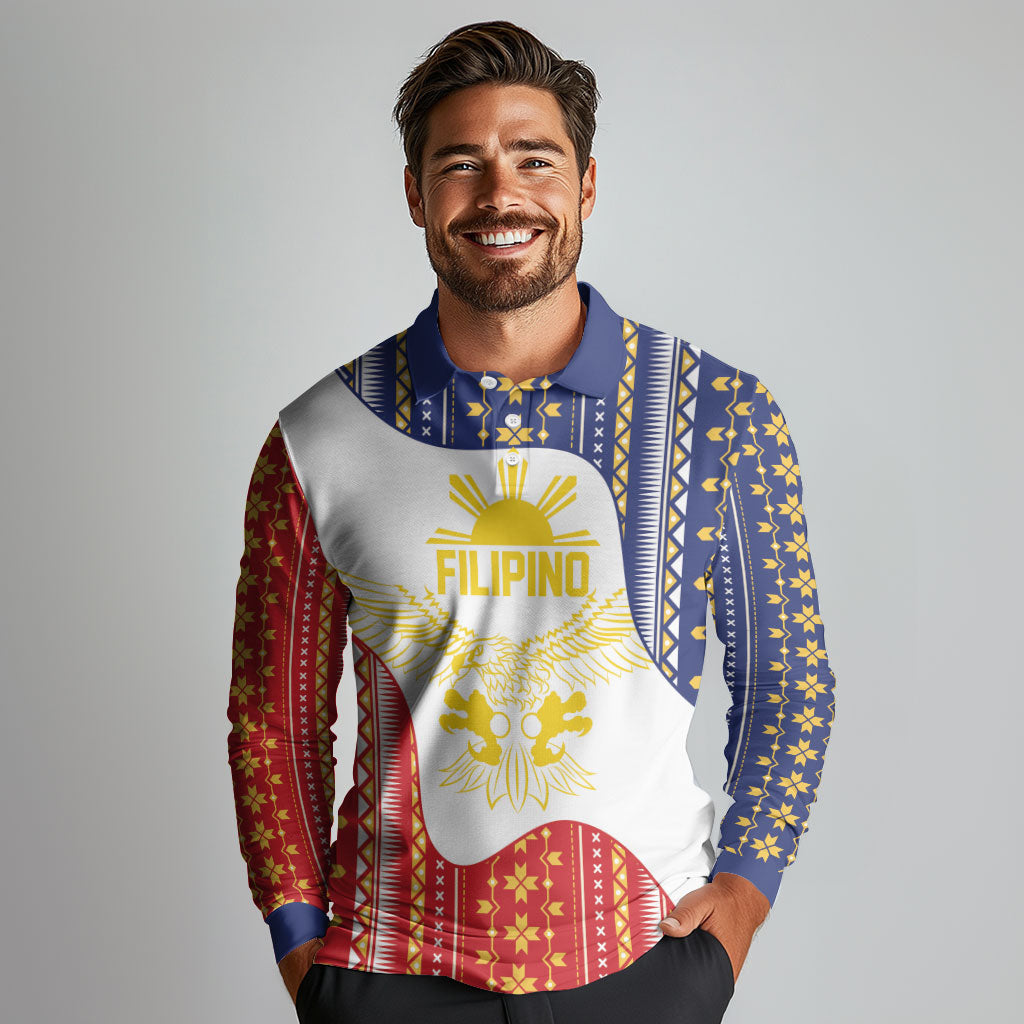 Philippines Flag Day Long Sleeve Polo Shirt Filipino Traditional Igorot Tribal Pattern LT9 - Polynesian Pride