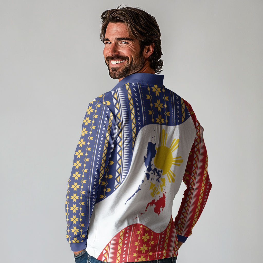 Philippines Flag Day Long Sleeve Polo Shirt Filipino Traditional Igorot Tribal Pattern LT9 - Polynesian Pride