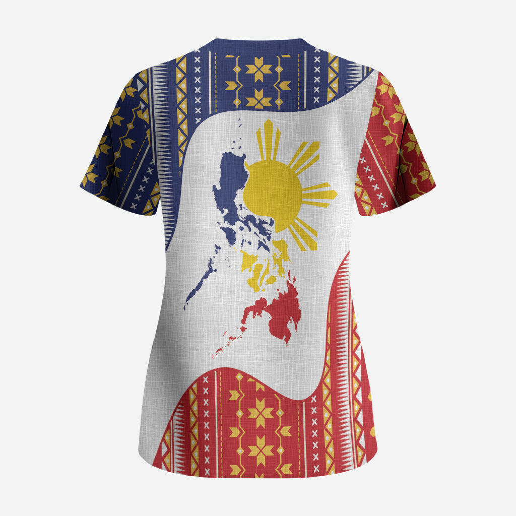 Philippines Flag Day Scrub Top Filipino Traditional Igorot Tribal Pattern LT9 - Polynesian Pride