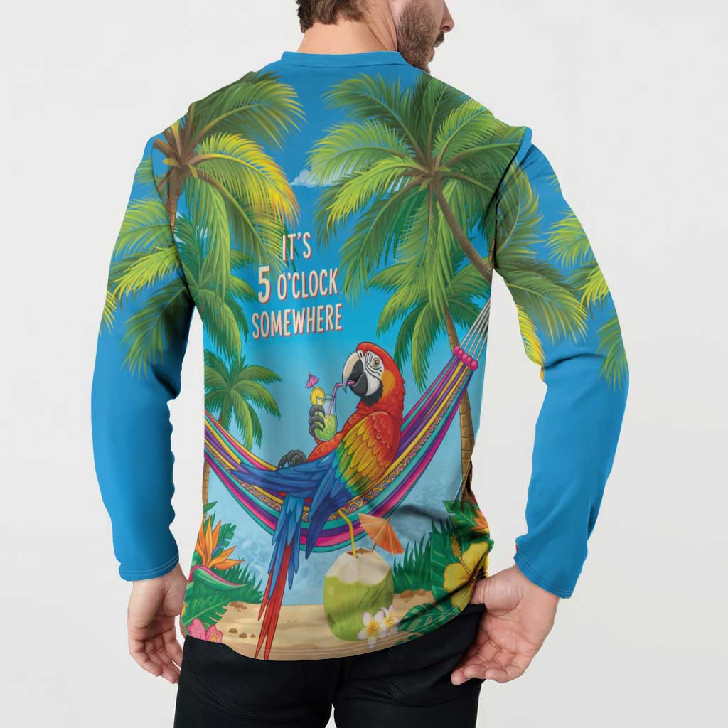 5 Oclock Somewhere Button Sweatshirt Hawaii Parrots Cocktail Summer Beach Vibe - Polynesian Pride