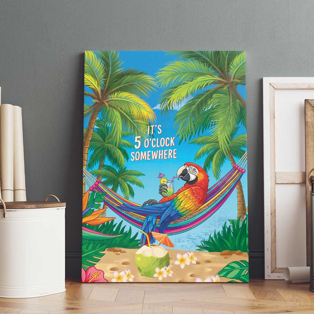 5 Oclock Somewhere Canvas Wall Art Hawaii Parrots Cocktail Summer Beach Vibe - Polynesian Pride