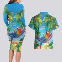 5 Oclock Somewhere Couples Matching Long Sleeve Bodycon Dress and Hawaiian Shirt Hawaii Parrots Cocktail Summer Beach Vibe - Polynesian Pride