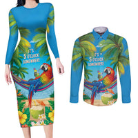 5 Oclock Somewhere Couples Matching Long Sleeve Bodycon Dress and Long Sleeve Button Shirt Hawaii Parrots Cocktail Summer Beach Vibe - Polynesian Pride