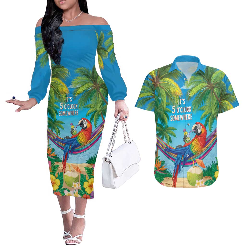 5 Oclock Somewhere Couples Matching Off The Shoulder Long Sleeve Dress and Hawaiian Shirt Hawaii Parrots Cocktail Summer Beach Vibe LT9 Blue - Polynesian Pride