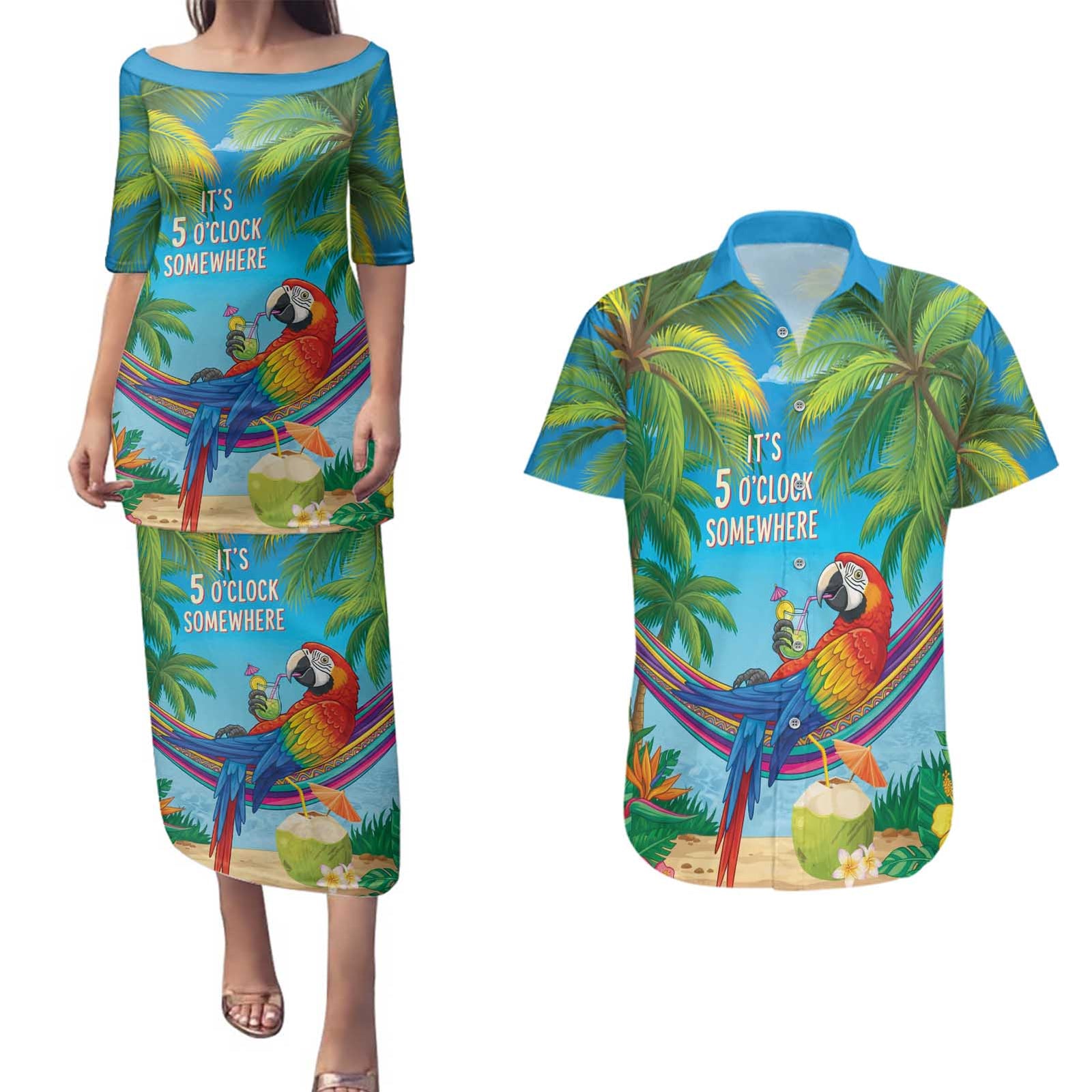 5 Oclock Somewhere Couples Matching Puletasi and Hawaiian Shirt Hawaii Parrots Cocktail Summer Beach Vibe LT9 Blue - Polynesian Pride