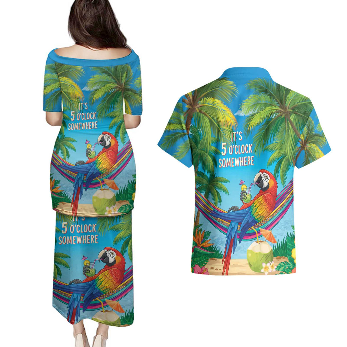 5 Oclock Somewhere Couples Matching Puletasi and Hawaiian Shirt Hawaii Parrots Cocktail Summer Beach Vibe LT9 - Polynesian Pride