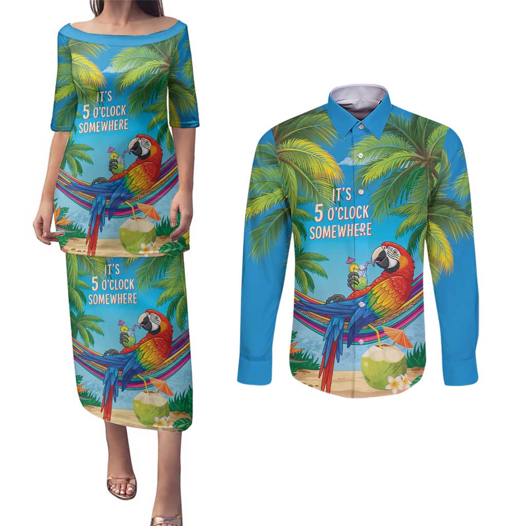 5 Oclock Somewhere Couples Matching Puletasi and Long Sleeve Button Shirt Hawaii Parrots Cocktail Summer Beach Vibe LT9 Blue - Polynesian Pride