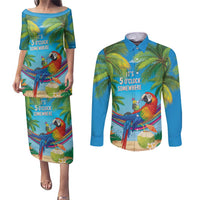 5 Oclock Somewhere Couples Matching Puletasi and Long Sleeve Button Shirt Hawaii Parrots Cocktail Summer Beach Vibe LT9 Blue - Polynesian Pride