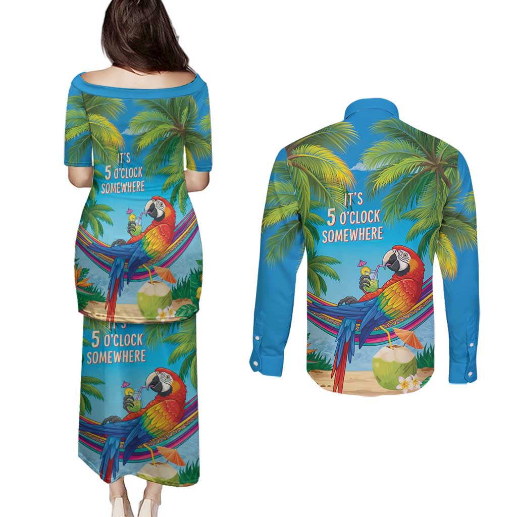 5 Oclock Somewhere Couples Matching Puletasi and Long Sleeve Button Shirt Hawaii Parrots Cocktail Summer Beach Vibe LT9 - Polynesian Pride