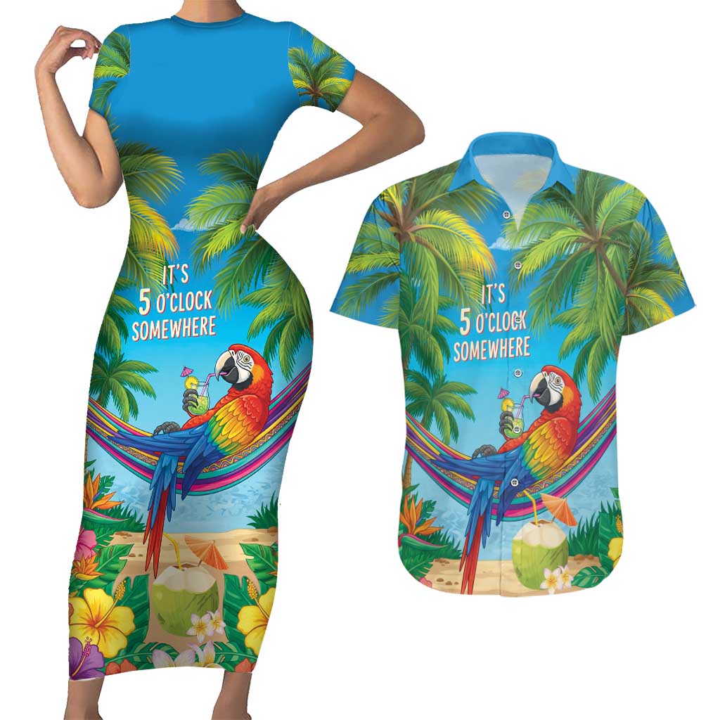 5 Oclock Somewhere Couples Matching Short Sleeve Bodycon Dress and Hawaiian Shirt Hawaii Parrots Cocktail Summer Beach Vibe LT9 Blue - Polynesian Pride