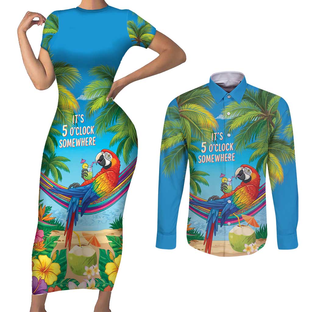 5 Oclock Somewhere Couples Matching Short Sleeve Bodycon Dress and Long Sleeve Button Shirt Hawaii Parrots Cocktail Summer Beach Vibe LT9 Blue - Polynesian Pride