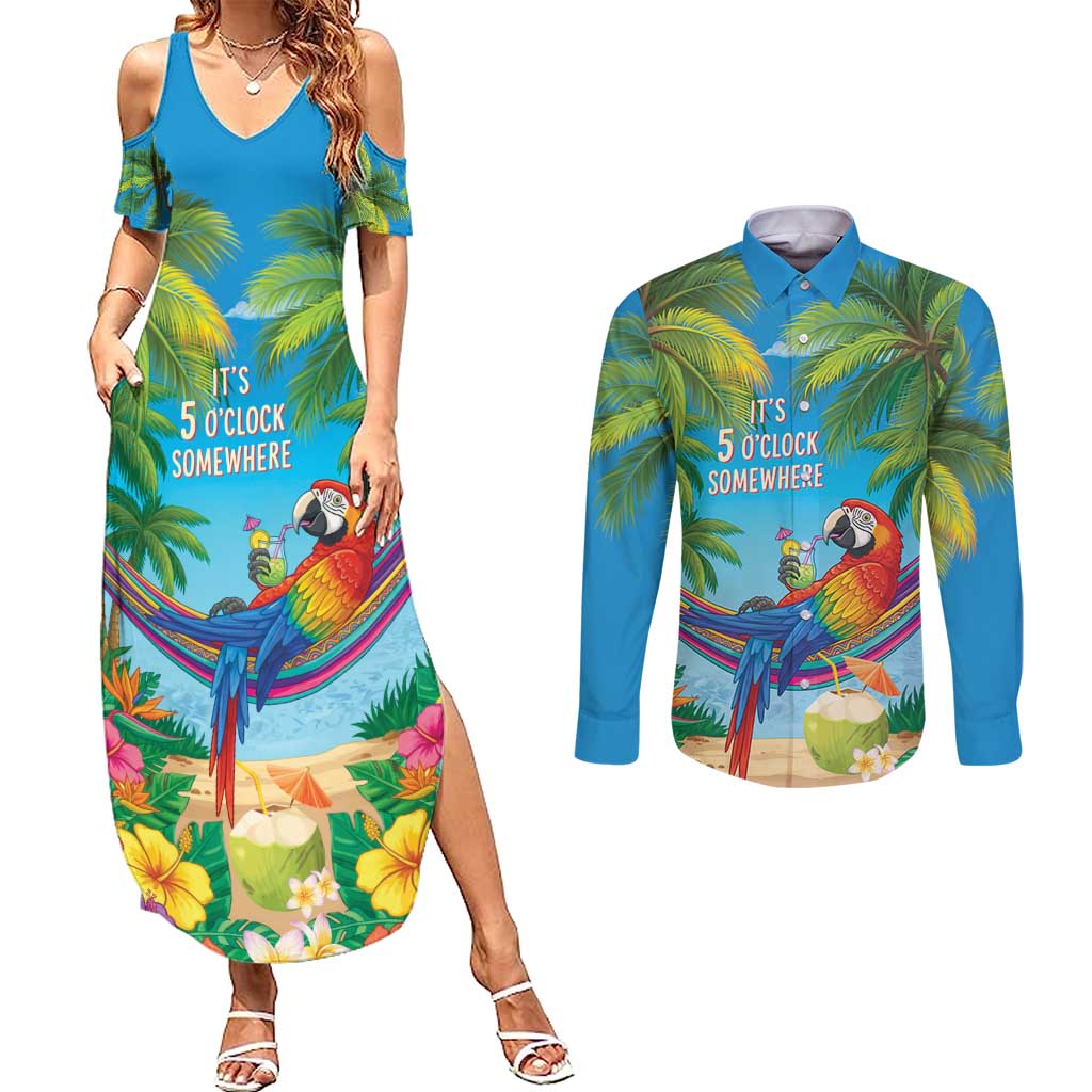 5 Oclock Somewhere Couples Matching Summer Maxi Dress and Long Sleeve Button Shirt Hawaii Parrots Cocktail Summer Beach Vibe LT9 Blue - Polynesian Pride