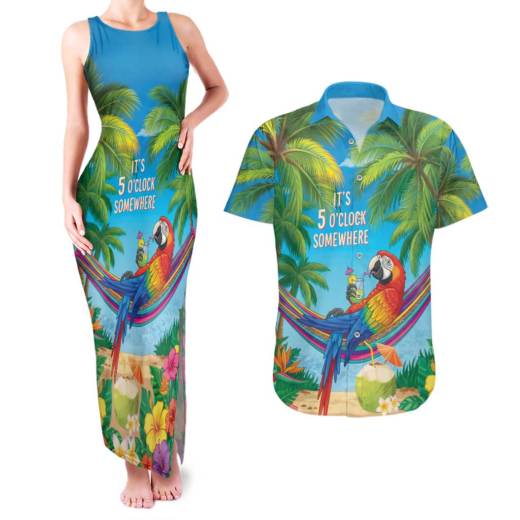 5 Oclock Somewhere Couples Matching Tank Maxi Dress and Hawaiian Shirt Hawaii Parrots Cocktail Summer Beach Vibe LT9 Blue - Polynesian Pride