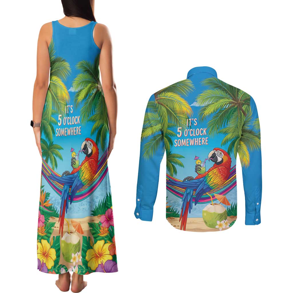 5 Oclock Somewhere Couples Matching Tank Maxi Dress and Long Sleeve Button Shirt Hawaii Parrots Cocktail Summer Beach Vibe LT9 - Polynesian Pride
