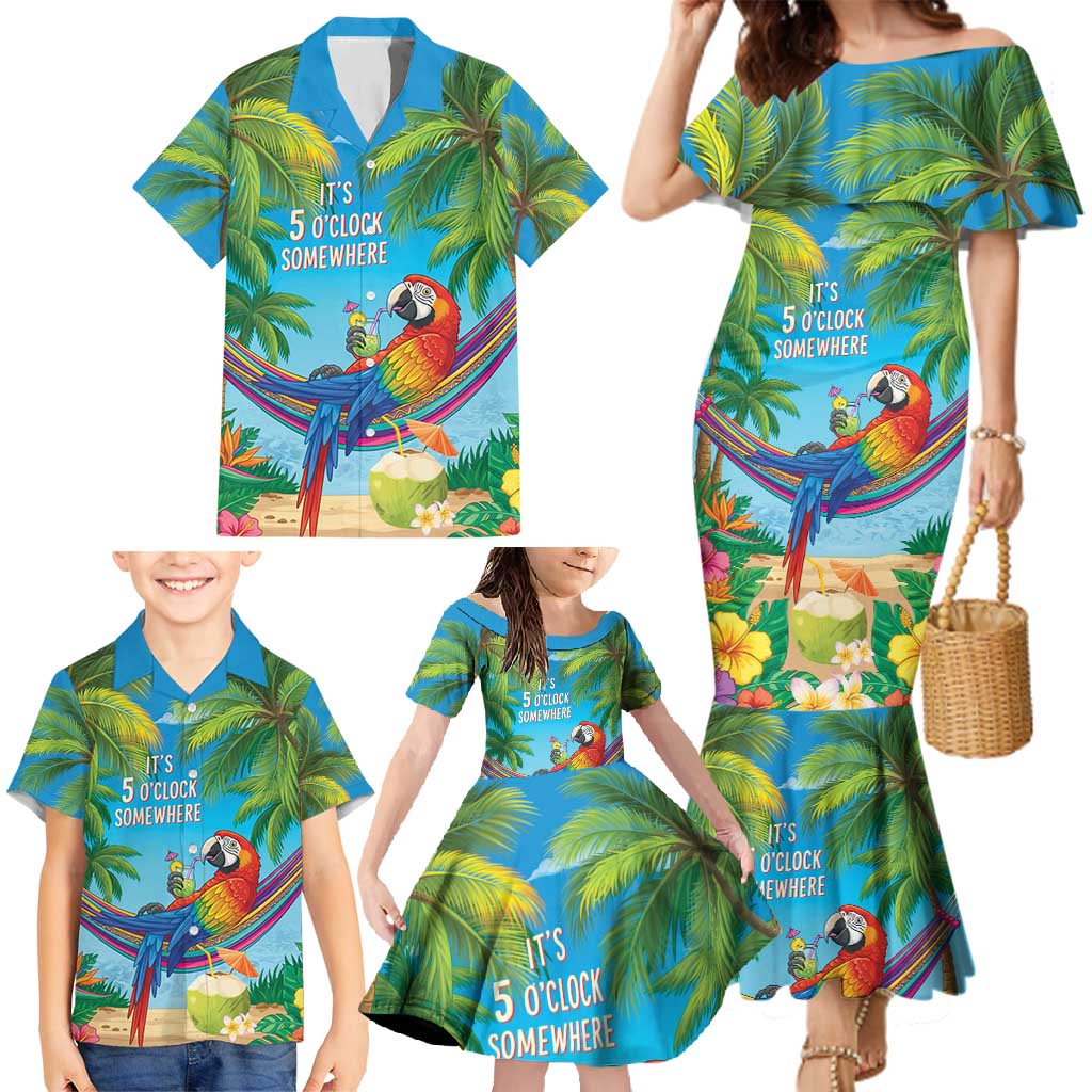 5 Oclock Somewhere Family Matching Mermaid Dress and Hawaiian Shirt Hawaii Parrots Cocktail Summer Beach Vibe LT9 - Polynesian Pride