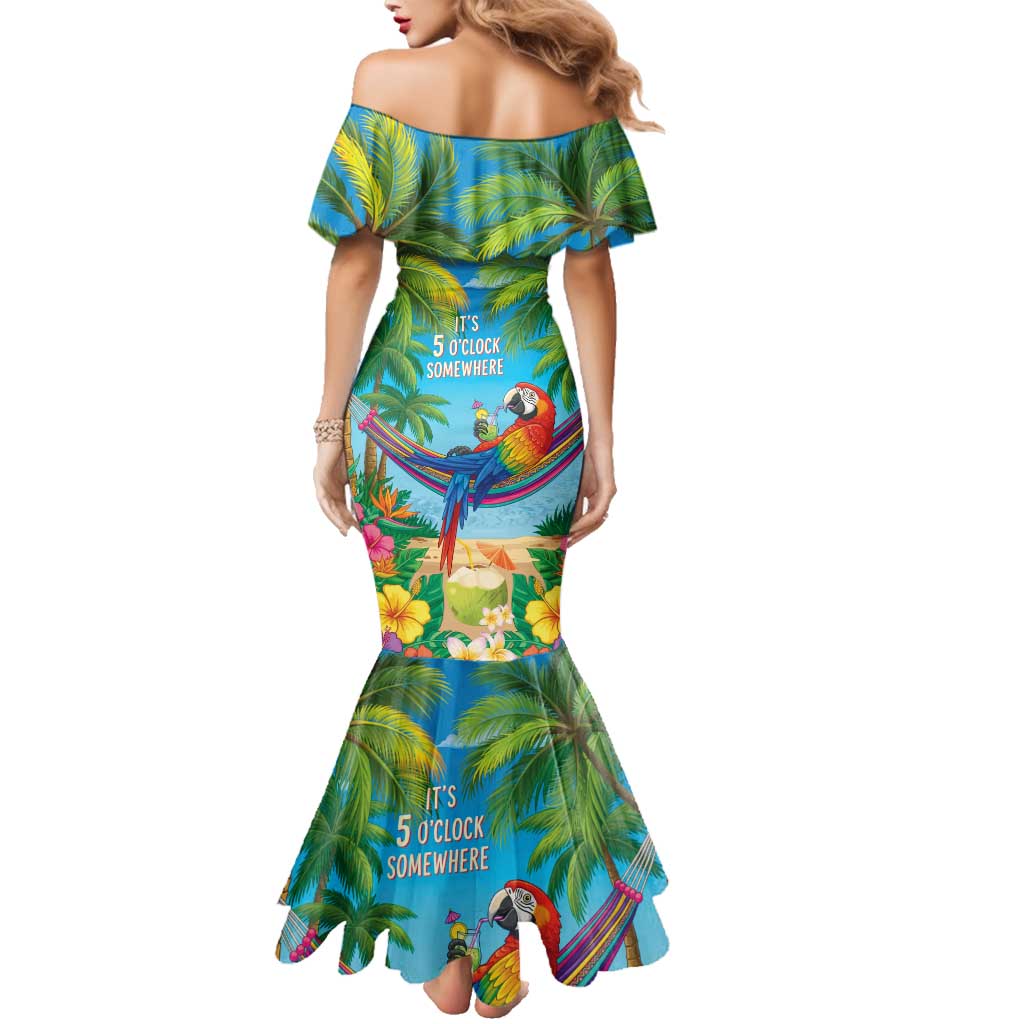 5 Oclock Somewhere Family Matching Mermaid Dress and Hawaiian Shirt Hawaii Parrots Cocktail Summer Beach Vibe - Polynesian Pride