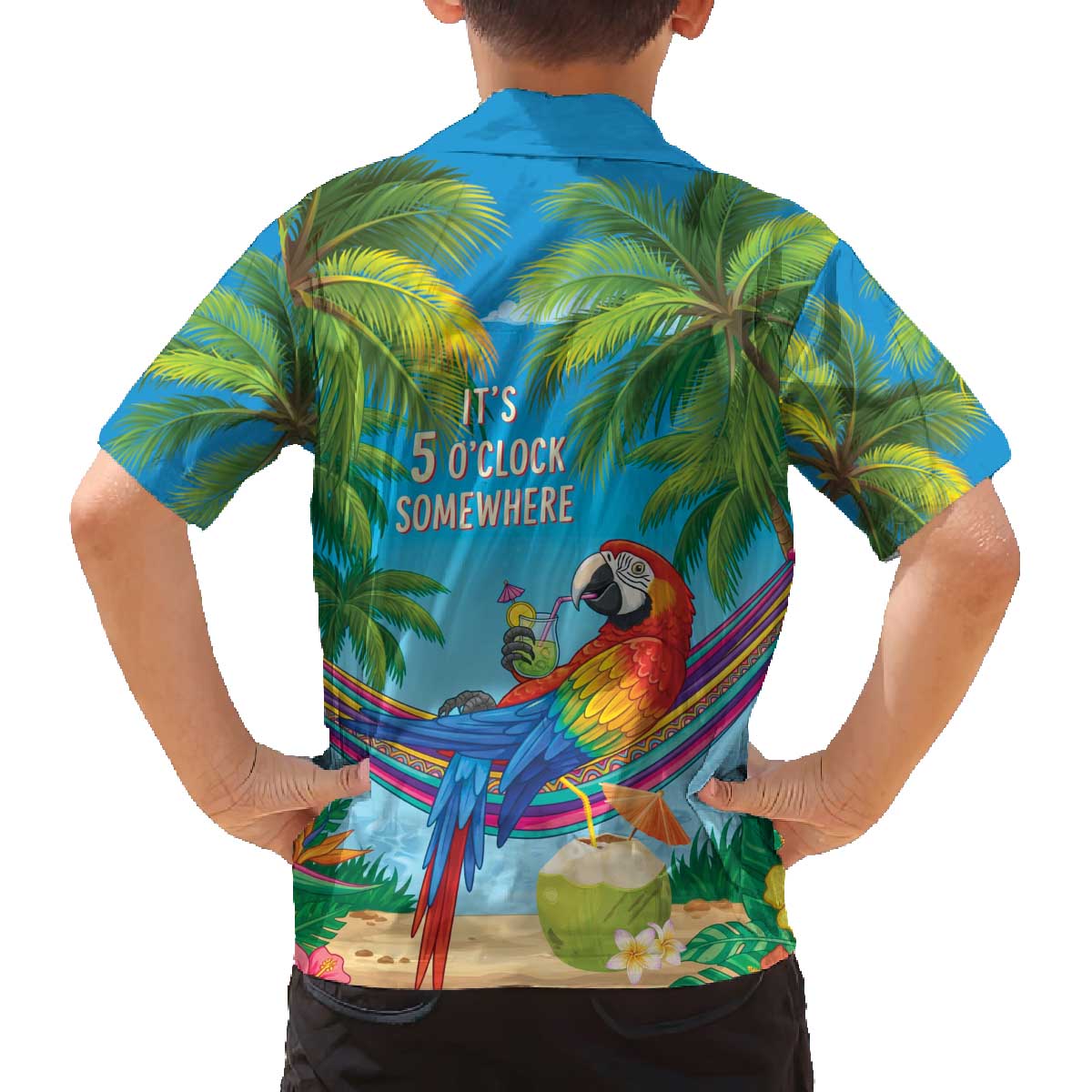 5 Oclock Somewhere Family Matching Off The Shoulder Long Sleeve Dress and Hawaiian Shirt Hawaii Parrots Cocktail Summer Beach Vibe - Polynesian Pride