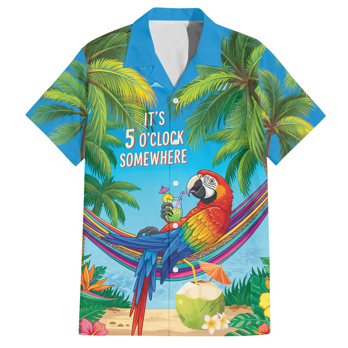 5 Oclock Somewhere Family Matching Off The Shoulder Long Sleeve Dress and Hawaiian Shirt Hawaii Parrots Cocktail Summer Beach Vibe - Polynesian Pride
