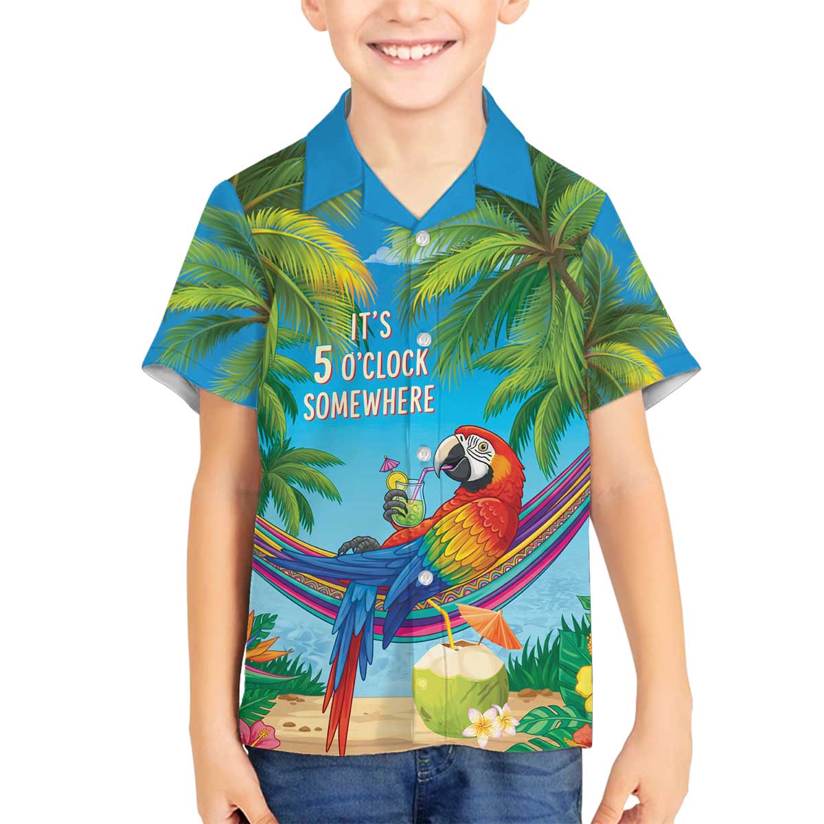 5 Oclock Somewhere Family Matching Off The Shoulder Long Sleeve Dress and Hawaiian Shirt Hawaii Parrots Cocktail Summer Beach Vibe - Polynesian Pride