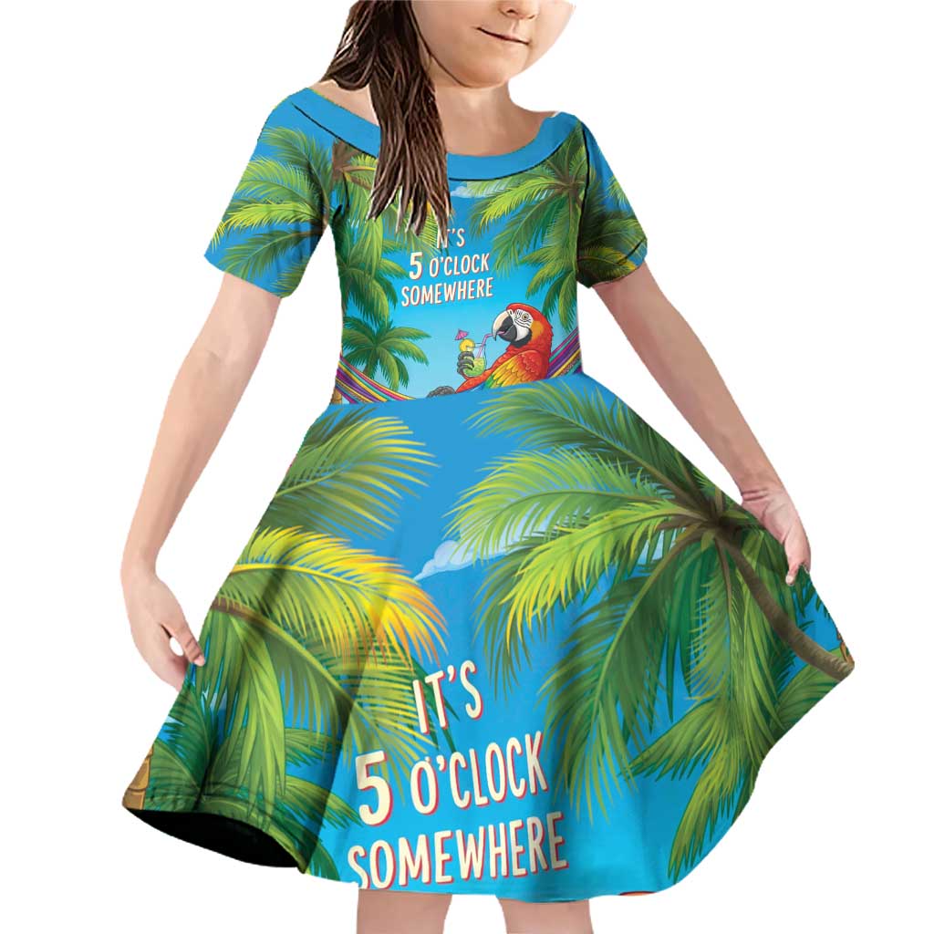5 Oclock Somewhere Family Matching Off Shoulder Short Dress and Hawaiian Shirt Hawaii Parrots Cocktail Summer Beach Vibe - Polynesian Pride