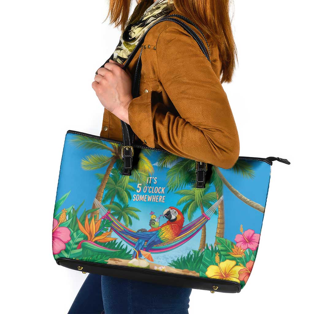 5 Oclock Somewhere Leather Tote Bag Hawaii Parrots Cocktail Summer Beach Vibe - Polynesian Pride