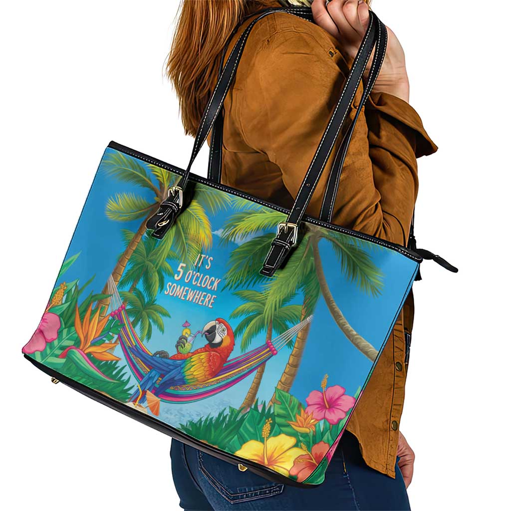 5 Oclock Somewhere Leather Tote Bag Hawaii Parrots Cocktail Summer Beach Vibe - Polynesian Pride
