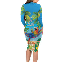 5 Oclock Somewhere Long Sleeve Bodycon Dress Hawaii Parrots Cocktail Summer Beach Vibe - Polynesian Pride