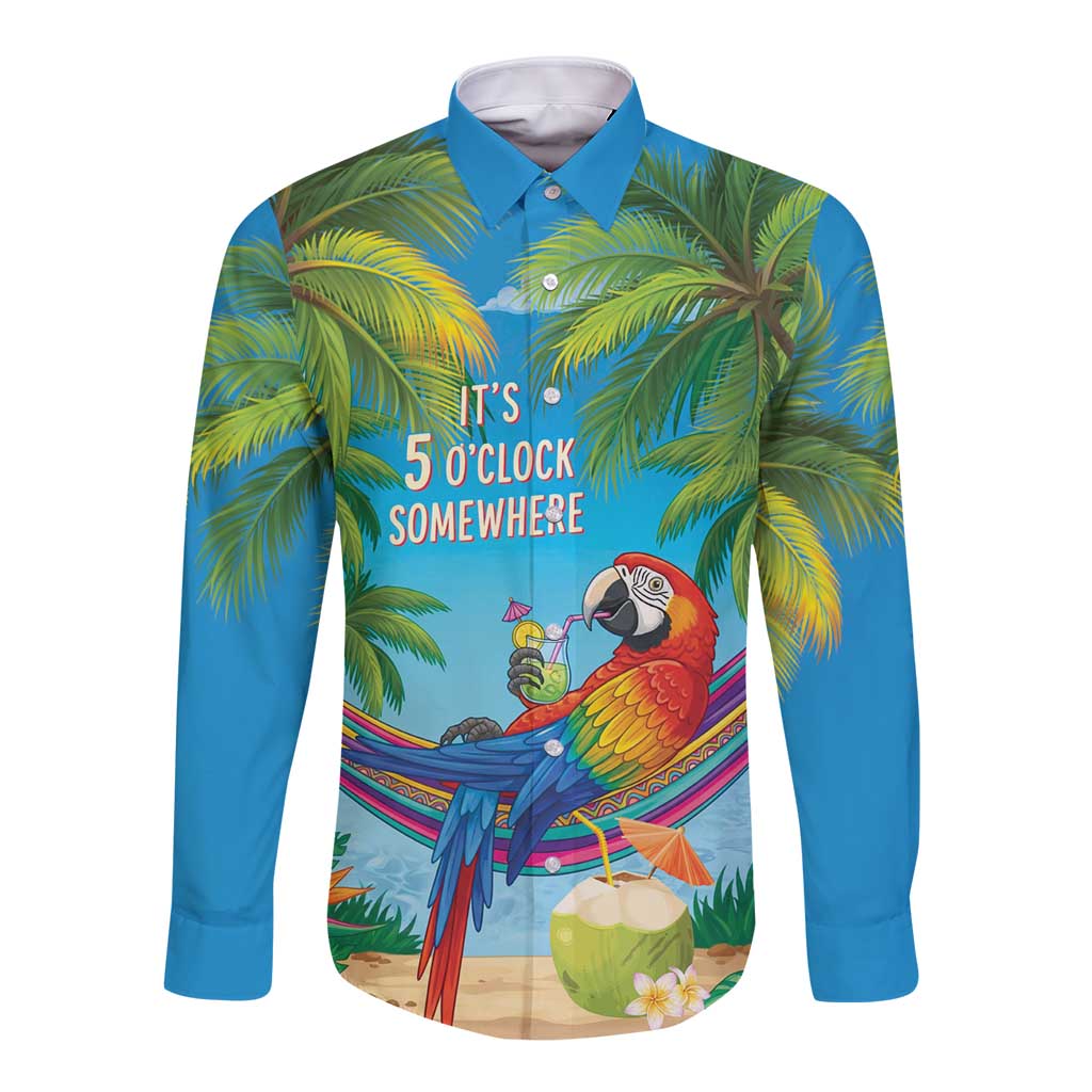 5 Oclock Somewhere Long Sleeve Button Shirt Hawaii Parrots Cocktail Summer Beach Vibe LT9 Unisex Blue - Polynesian Pride
