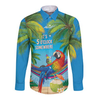 5 Oclock Somewhere Long Sleeve Button Shirt Hawaii Parrots Cocktail Summer Beach Vibe LT9 Unisex Blue - Polynesian Pride