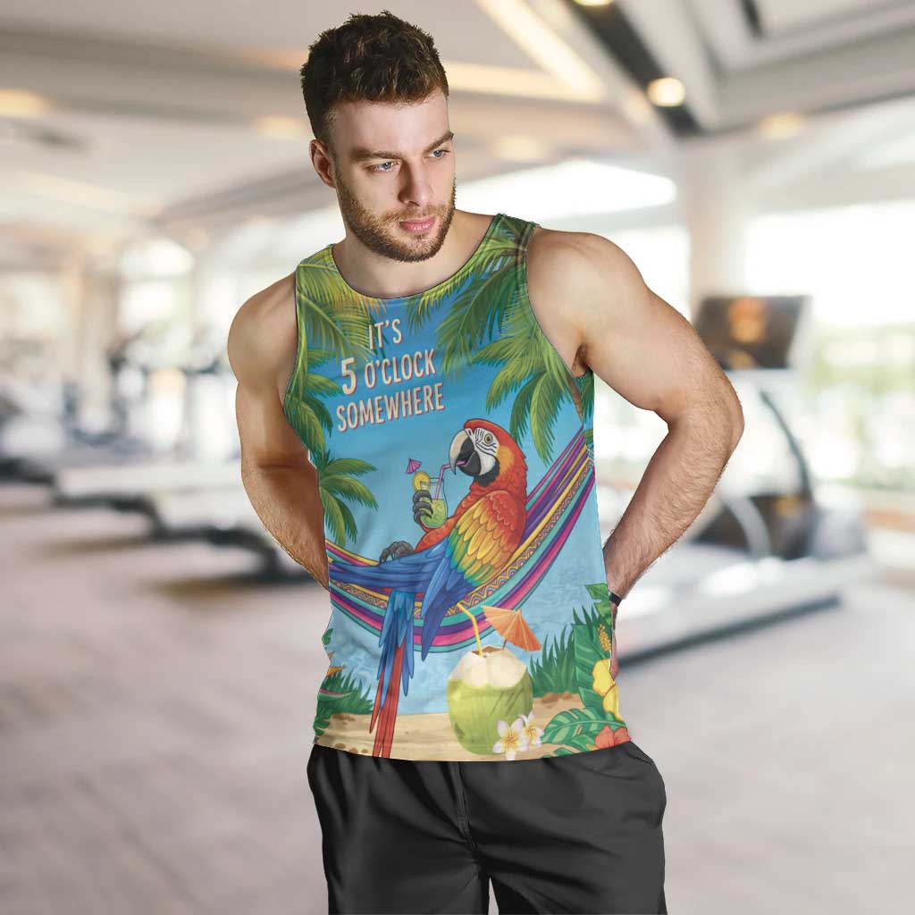 5 Oclock Somewhere Men Tank Top Hawaii Parrots Cocktail Summer Beach Vibe LT9 Blue - Polynesian Pride