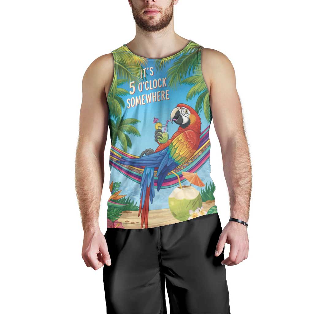 5 Oclock Somewhere Men Tank Top Hawaii Parrots Cocktail Summer Beach Vibe LT9 - Polynesian Pride