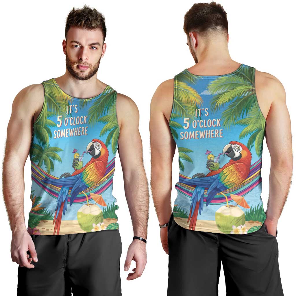 5 Oclock Somewhere Men Tank Top Hawaii Parrots Cocktail Summer Beach Vibe LT9 - Polynesian Pride