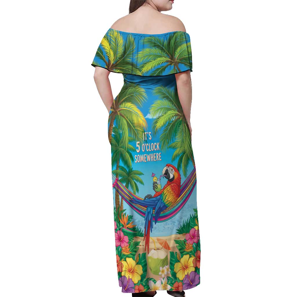 5 Oclock Somewhere Off Shoulder Maxi Dress Hawaii Parrots Cocktail Summer Beach Vibe - Polynesian Pride