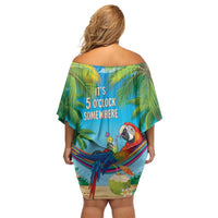 5 Oclock Somewhere Off Shoulder Short Dress Hawaii Parrots Cocktail Summer Beach Vibe - Polynesian Pride