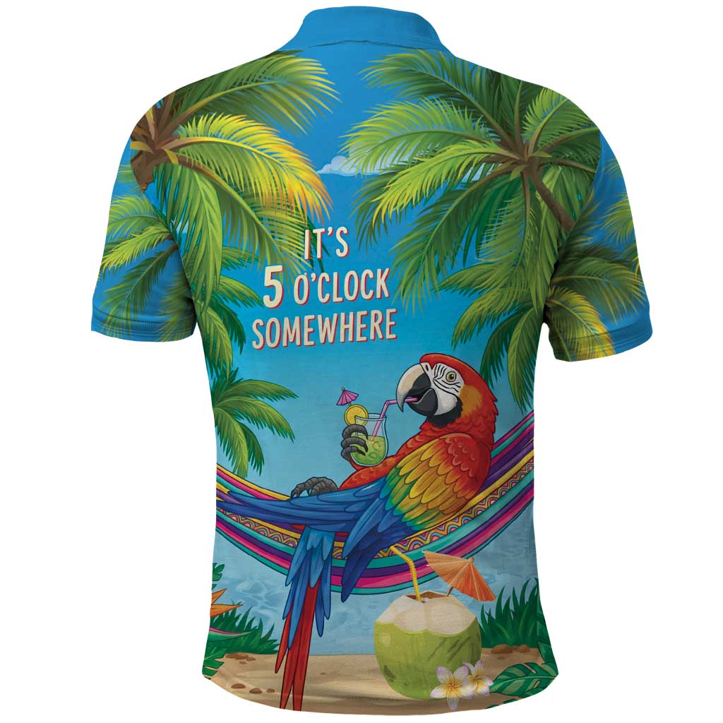 5 Oclock Somewhere Polo Shirt Hawaii Parrots Cocktail Summer Beach Vibe - Polynesian Pride