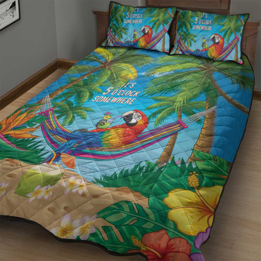 5 Oclock Somewhere Quilt Bed Set Hawaii Parrots Cocktail Summer Beach Vibe - Polynesian Pride