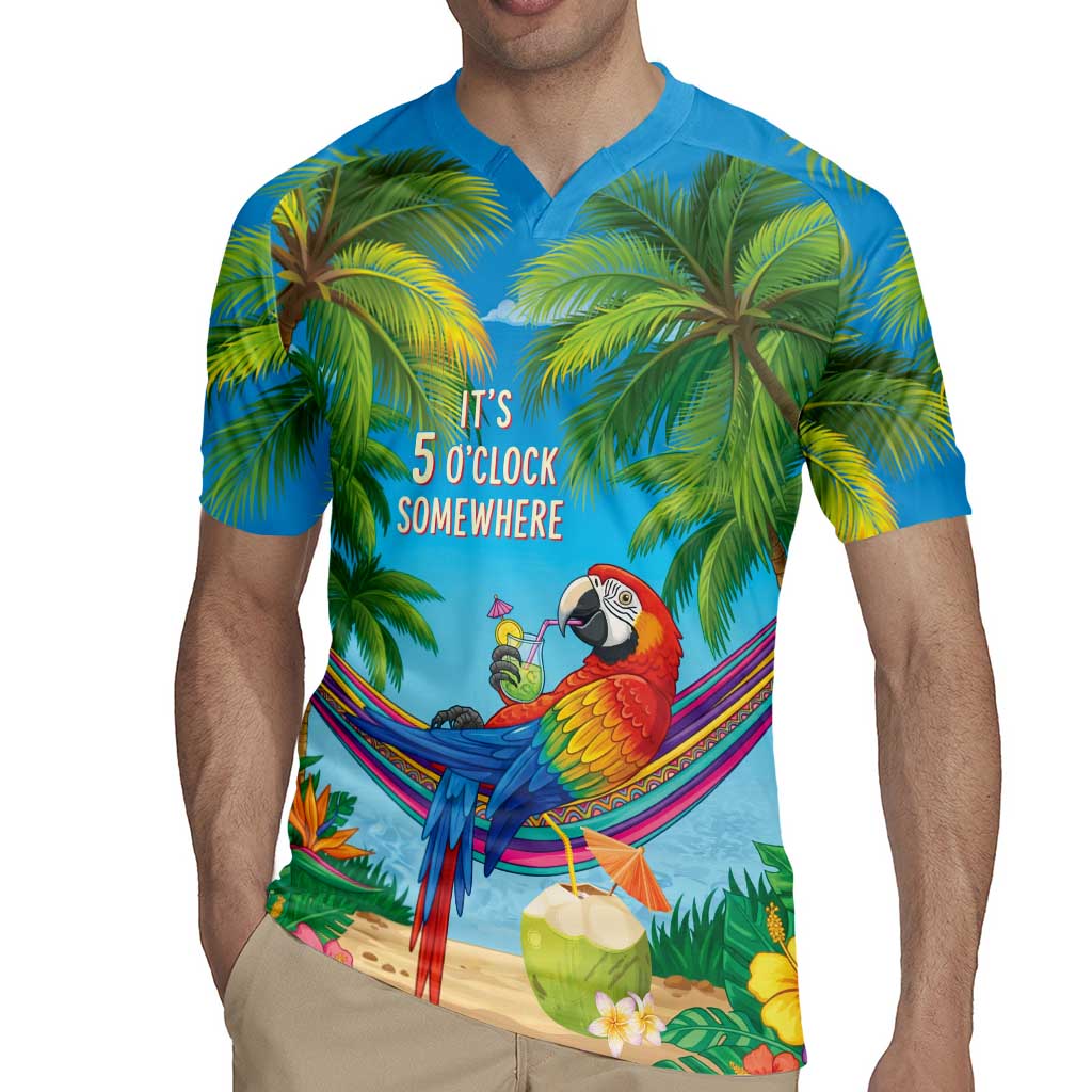 5 Oclock Somewhere Rugby Jersey Hawaii Parrots Cocktail Summer Beach Vibe - Polynesian Pride