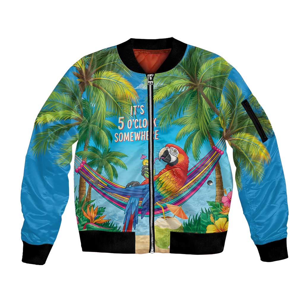 5 Oclock Somewhere Sleeve Zip Bomber Jacket Hawaii Parrots Cocktail Summer Beach Vibe - Polynesian Pride