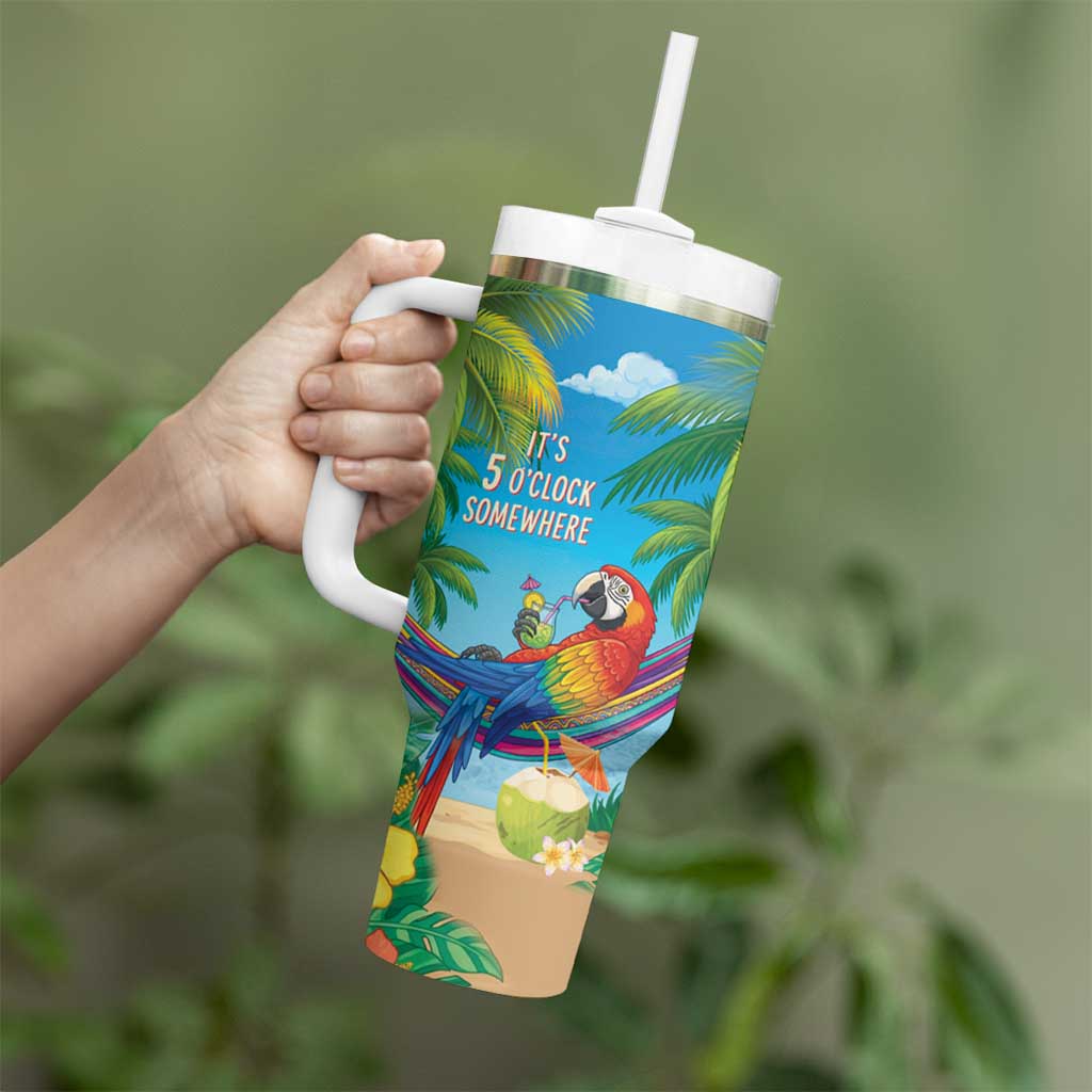 5 Oclock Somewhere Tumbler With Handle Hawaii Parrots Cocktail Summer Beach Vibe - Polynesian Pride
