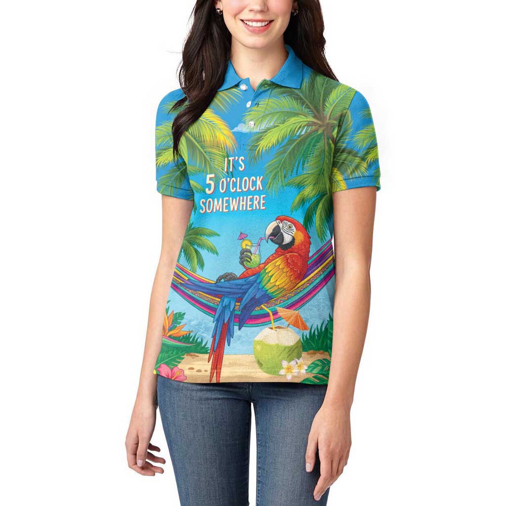 5 Oclock Somewhere Women Polo Shirt Hawaii Parrots Cocktail Summer Beach Vibe - Polynesian Pride