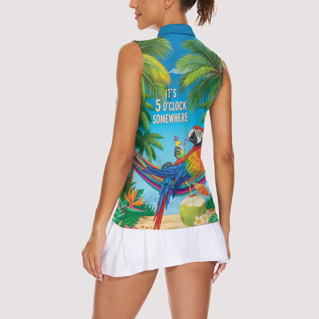 5 Oclock Somewhere Women Sleeveless Polo Shirt Hawaii Parrots Cocktail Summer Beach Vibe - Polynesian Pride