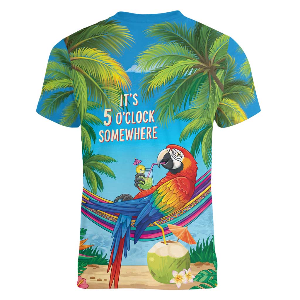5 Oclock Somewhere Women V-Neck T-Shirt Hawaii Parrots Cocktail Summer Beach Vibe - Polynesian Pride