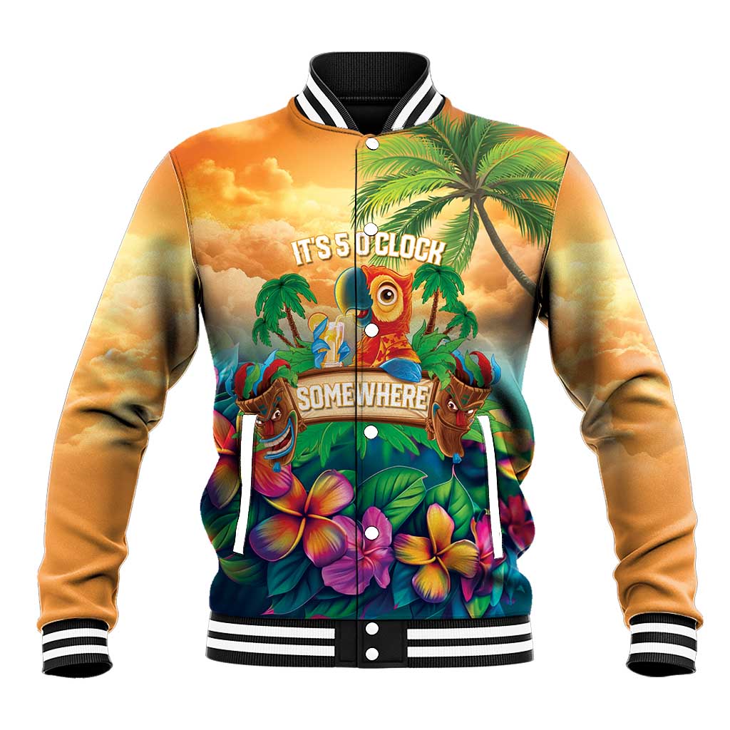 5 Oclock Somewhere Personalized Baseball Jacket Hawaii Parrots Plumeria Summer Vibe LT9 Unisex Yellow - Polynesian Pride