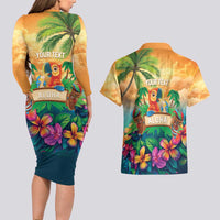 5 Oclock Somewhere Personalized Couples Matching Long Sleeve Bodycon Dress and Hawaiian Shirt Hawaii Parrots Plumeria Summer Vibe - Polynesian Pride