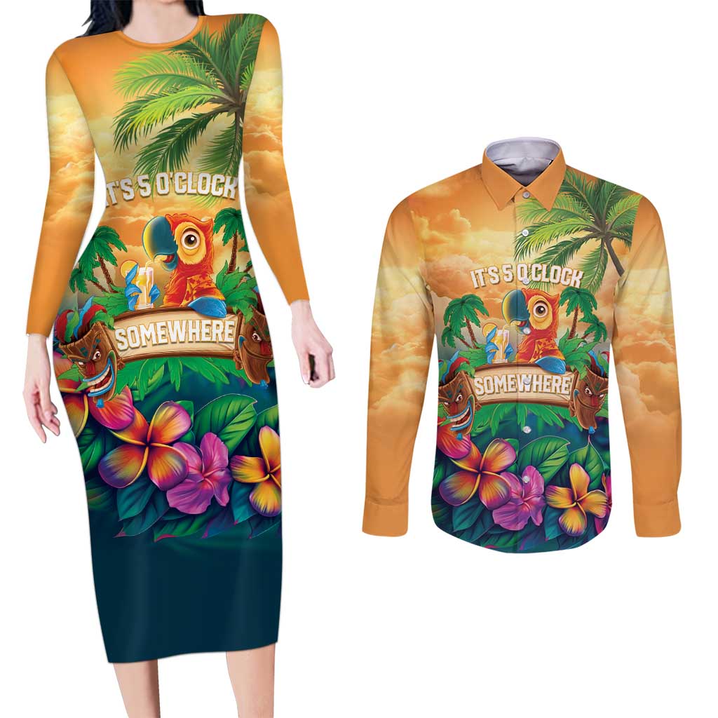 5 Oclock Somewhere Personalized Couples Matching Long Sleeve Bodycon Dress and Long Sleeve Button Shirt Hawaii Parrots Plumeria Summer Vibe - Polynesian Pride