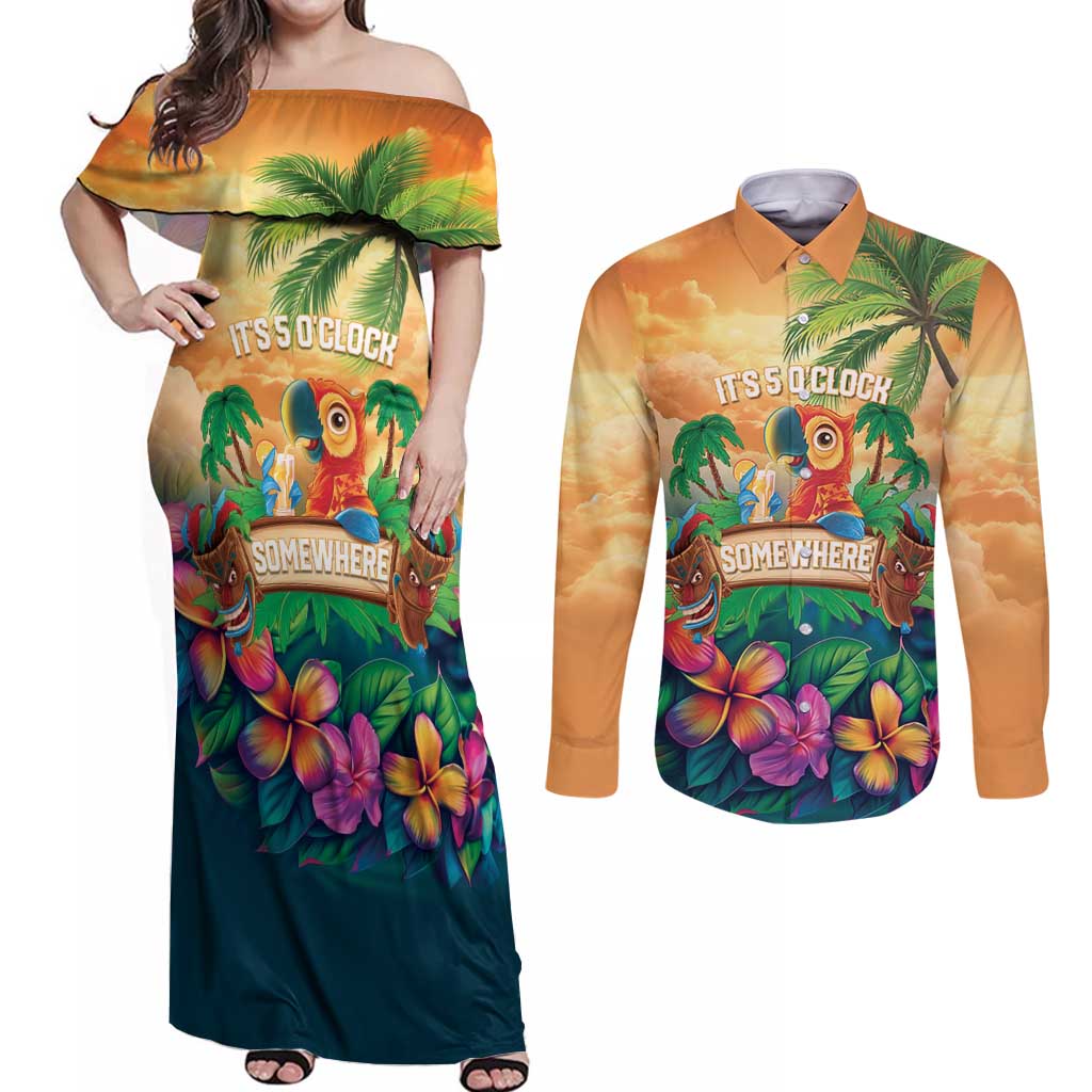 5 Oclock Somewhere Personalized Couples Matching Off Shoulder Maxi Dress and Long Sleeve Button Shirt Hawaii Parrots Plumeria Summer Vibe - Polynesian Pride