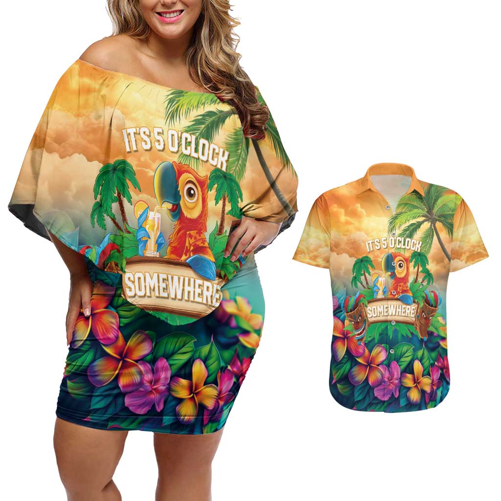 5 Oclock Somewhere Personalized Couples Matching Off Shoulder Short Dress and Hawaiian Shirt Hawaii Parrots Plumeria Summer Vibe - Polynesian Pride