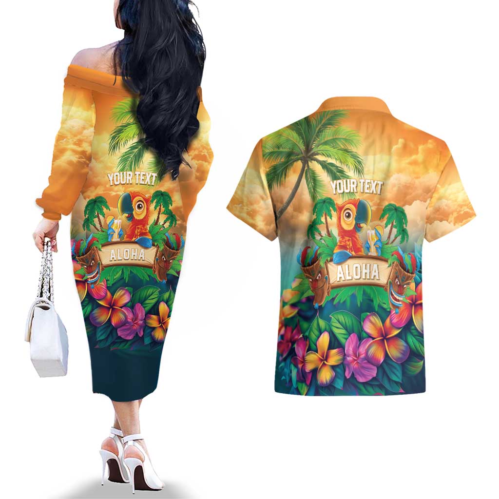 5 Oclock Somewhere Personalized Couples Matching Off The Shoulder Long Sleeve Dress and Hawaiian Shirt Hawaii Parrots Plumeria Summer Vibe - Polynesian Pride